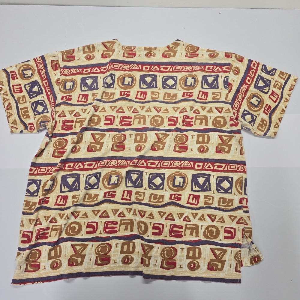 Vintage Gitano Tribal Abstract Geometric Print T-Shirt Tan Red Blue Mens XL‎ - Picture 3 of 4